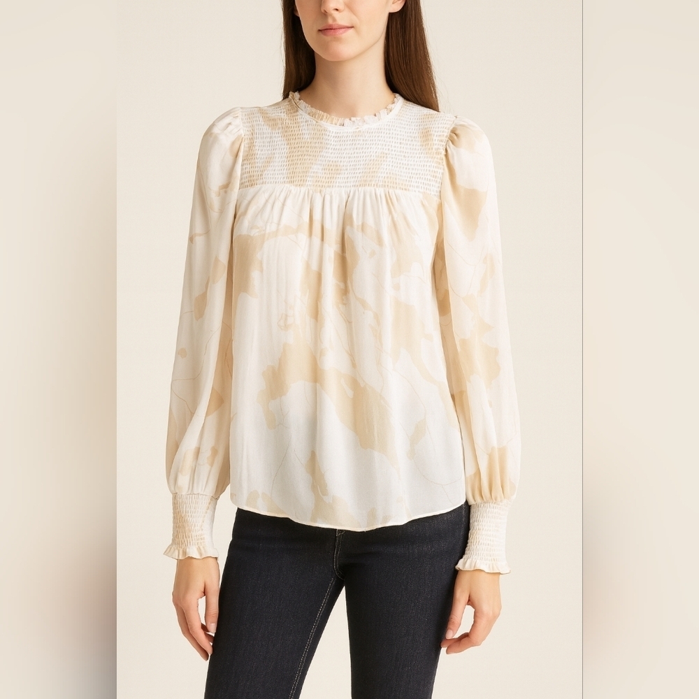 NWOT Elie Tahari Beige & White Printed Smocked Blouse – Size M